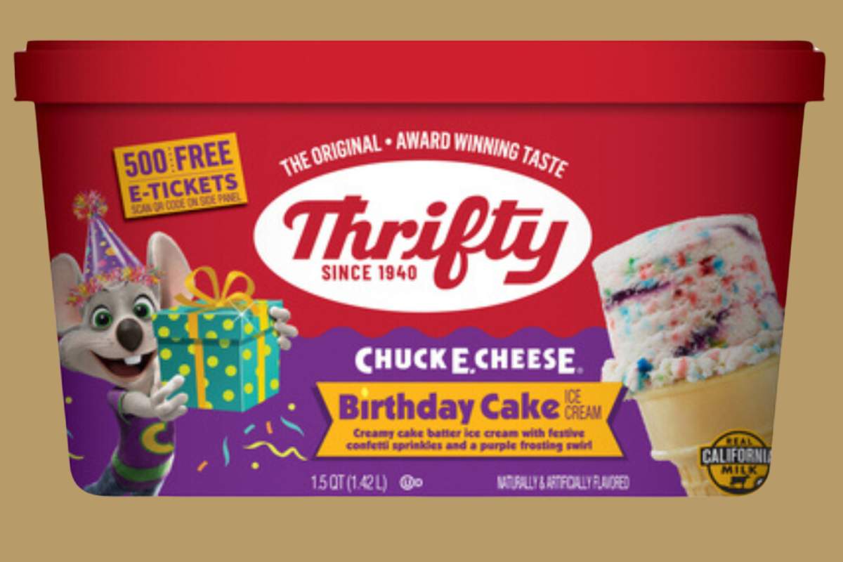 Thrifty Ice Cream Has Launched A New Birthday Cake Flavor As Part Of A Special Collaboration With Chuck E. Cheese.